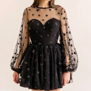 Lirika‎ Matoshi Dress Tulle Mini Glitter Star Long Sleeve Mini Dress Size XL